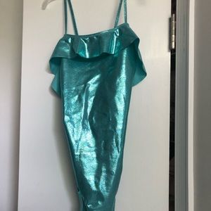 New Zara girls metallic aqua swimsuit size 13-14